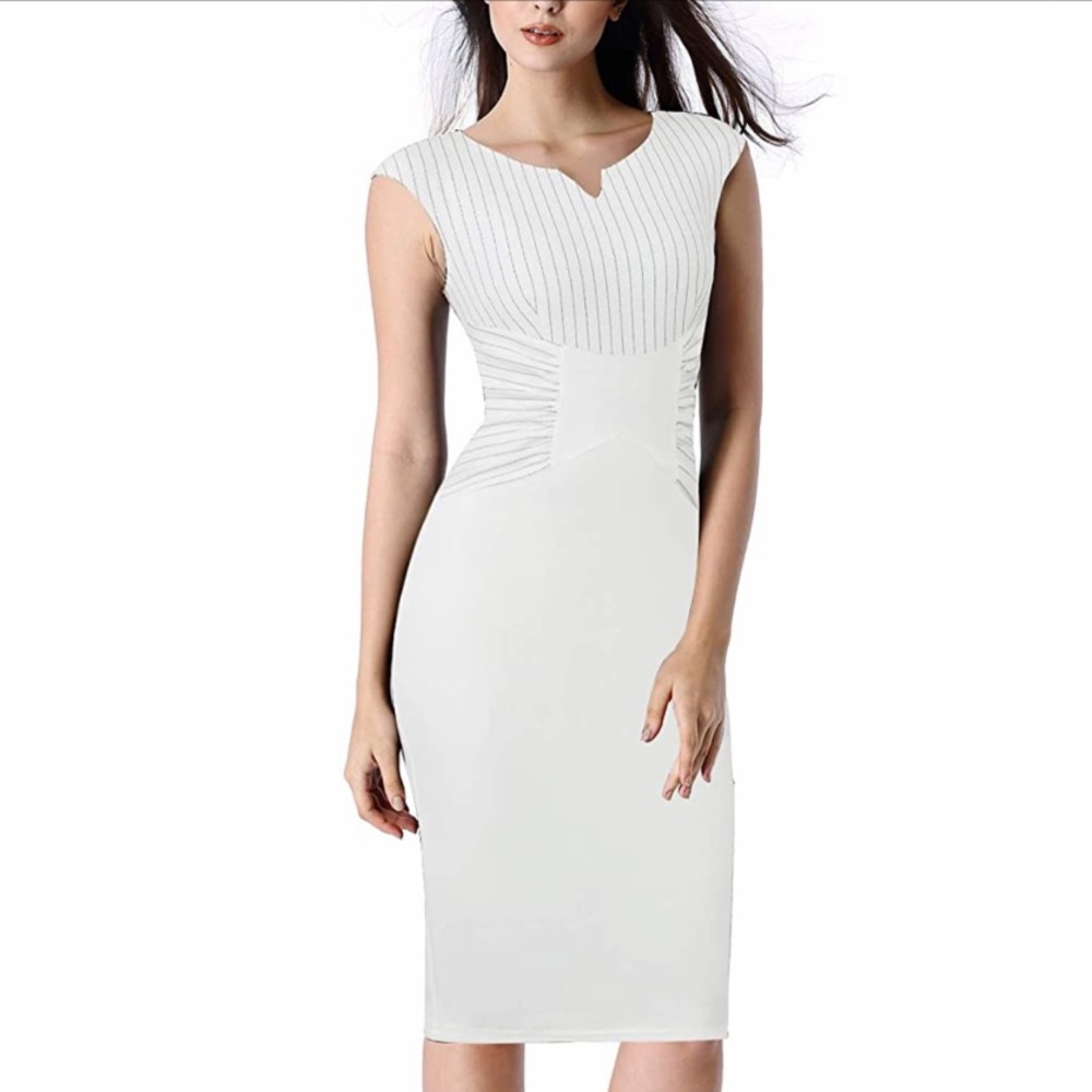 NWT pinstripe white sheath dress ruched detail - Picture 2 of 7